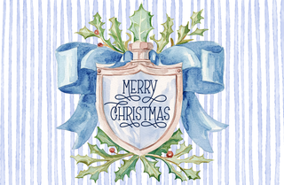 Christmas-themed design with blue bow, holly leaves, and 'Merry Christmas' text on a striped background.