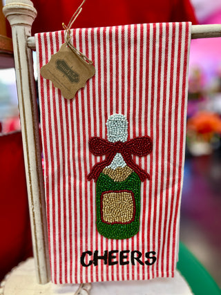 Cheers Champagne Beaded Tea Towel