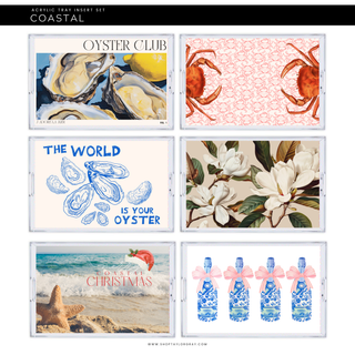 Set of six coastal-themed acrylic tray inserts with various designs.