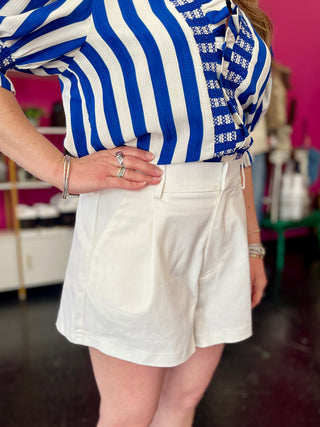 White High Waisted Trouser Shorts