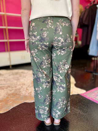 Olive Green Floral Wide Leg Pant