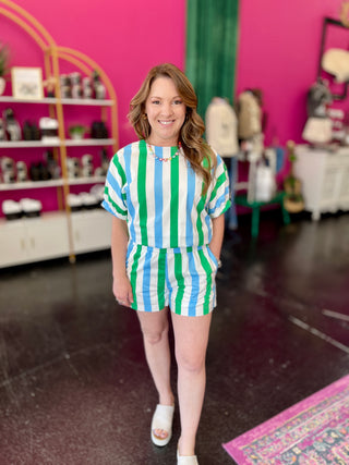 Green, Blue, & White Striped Shorts