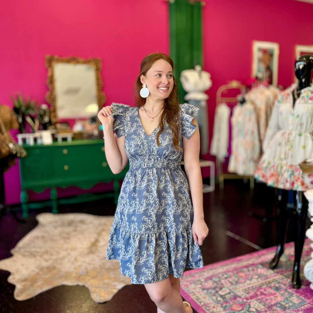 Denim & White Floral Print Dress