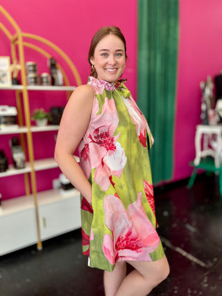 Lime Green & Pink Abstract Floral Dress