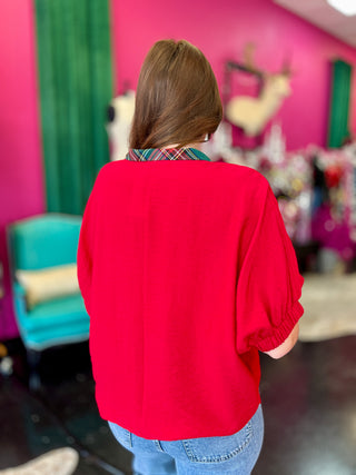Red & Tartan Plaid Trim Top