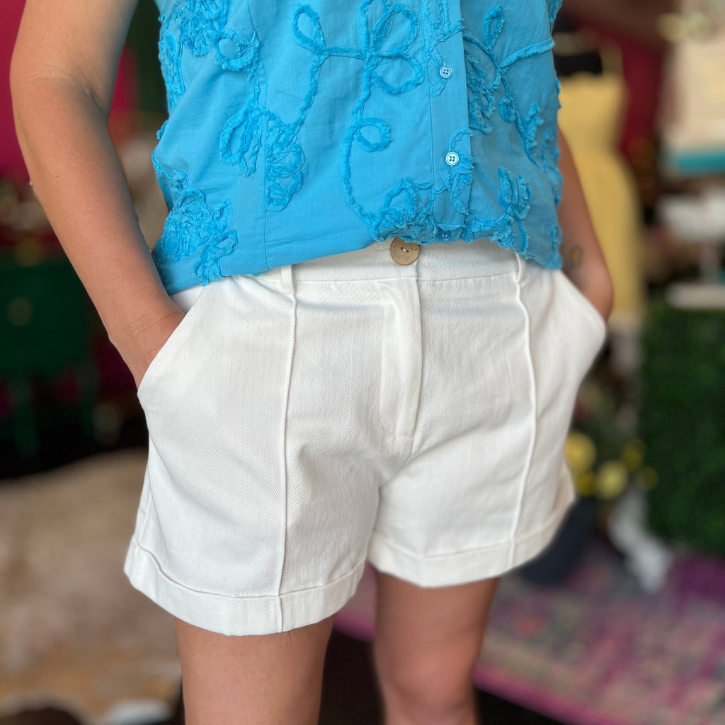 White Front Seam Cuffed Shorts