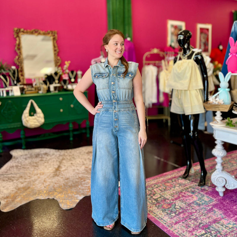 Washed Denim Wide Leg Jumpsuit