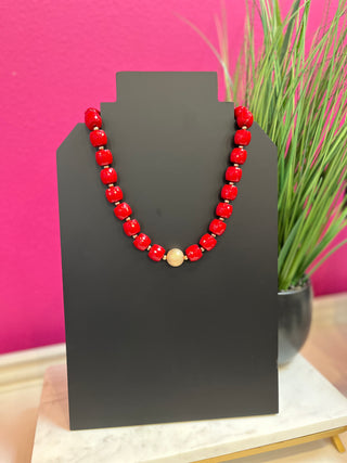 Red Metallic Beaded & Gold Necklace
