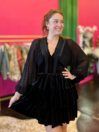 Black Velvet & Lace Tiered Dress