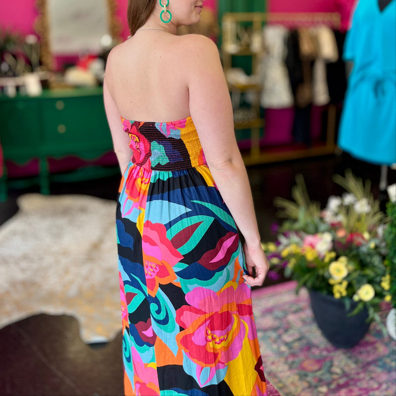 Bright Floral Strapless Maxi Dress