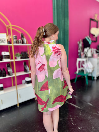 Lime Green & Pink Abstract Floral Dress