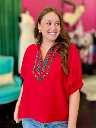 Red & Tartan Plaid Trim Top