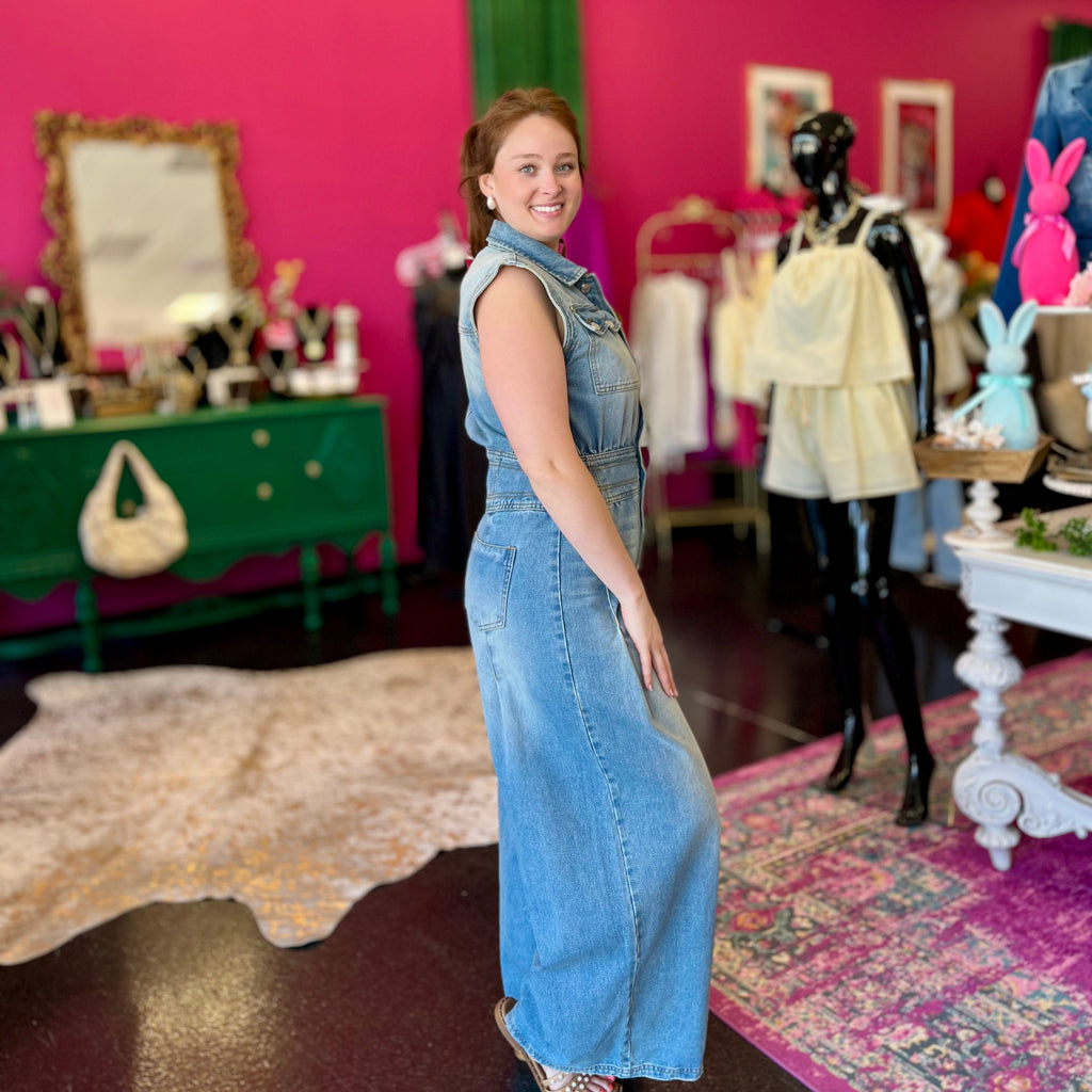Washed Denim Wide Leg Jumpsuit