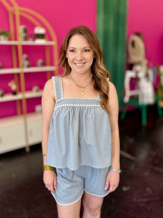 Denim Blue Flare Sleeveless Top