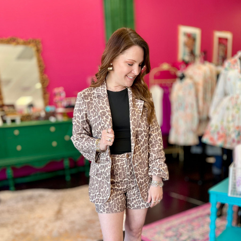 Washed Brown Denim Leopard Blazer