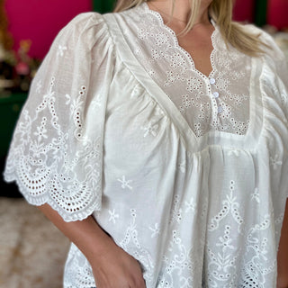 White Eyelet VNeck Boho Top