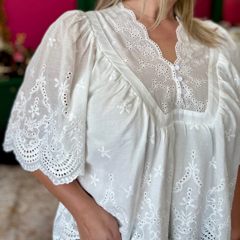 White Eyelet VNeck Boho Top