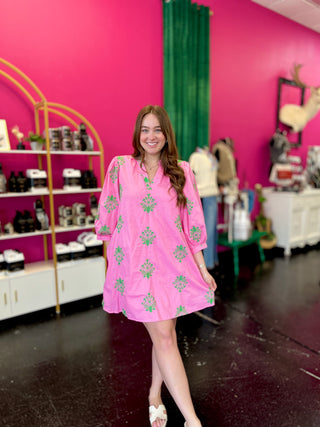 Panama Pink & Green Embroidery Dress
