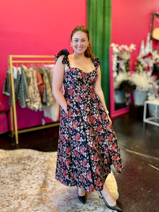 Navy Floral Print Midi Dress
