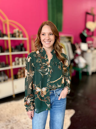 Dark Green Floral Print Top