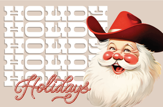 Cartoon Santa Claus with a red hat and white beard, surrounded by 'Holidays' text on a beige background.