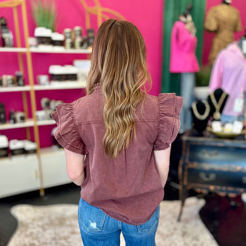Washed Maroon Ruffle Top