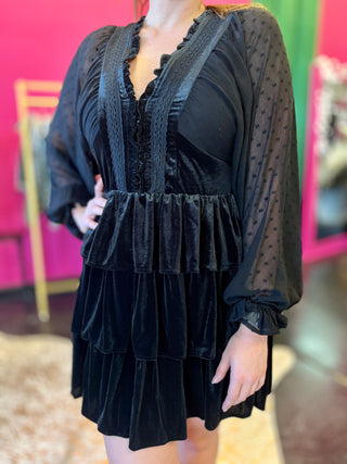Black Velvet & Lace Tiered Dress