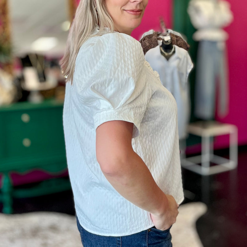 White Textured Ruffle Trim Top