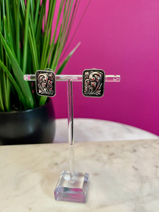 Silver Scroll Square Stud Earrings