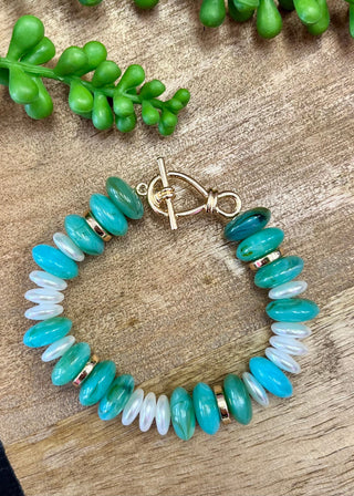 Green Tone & Pearl Disk Stretchy Bracelet