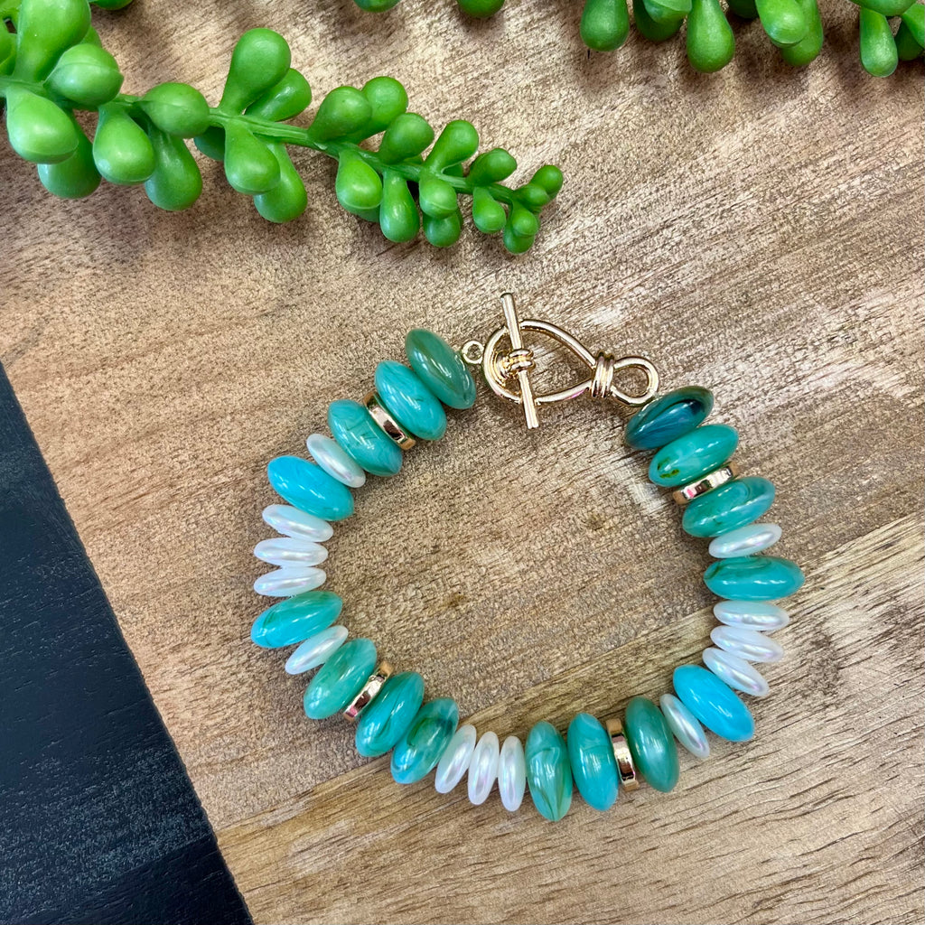 Green Tone & Pearl Disk Stretchy Bracelet
