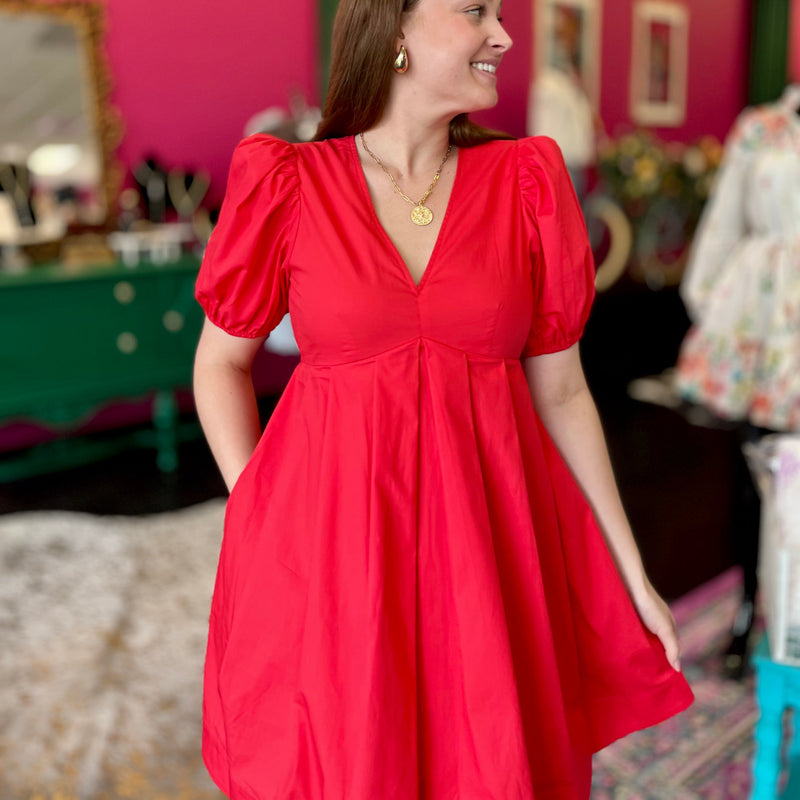 Red VNeck Baby Doll Dress