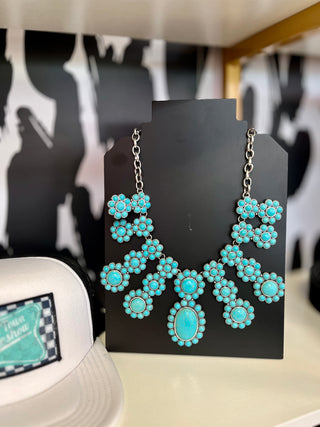 Faux Turquoise Flower Bib Necklace