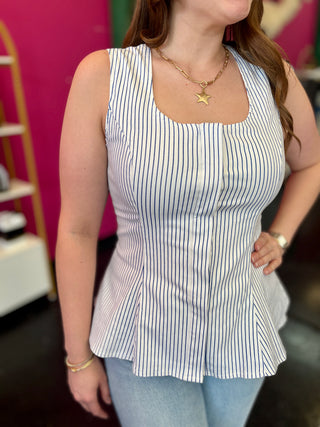 White & Navy Pin Stripe Peplum Top