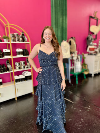 Navy Polka Dot Tiered Maxi Dress