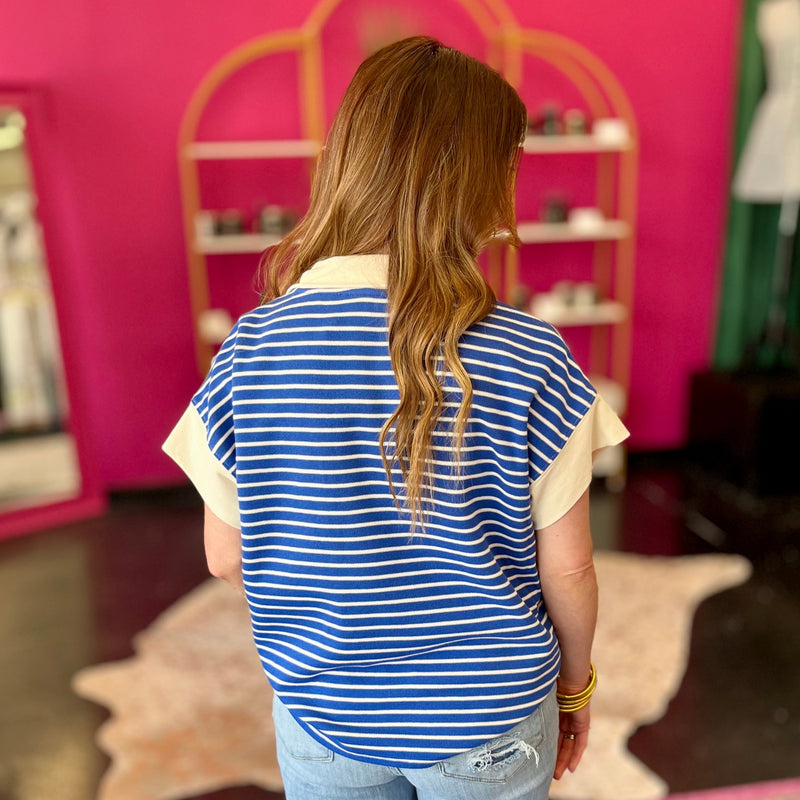 Royal Blue & White Striped Half Zip Top