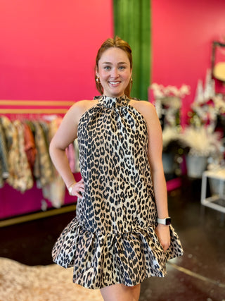 Leopard High Neck Ruffle Dress