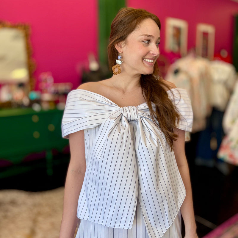 White Pinstriped Big Bow Dress