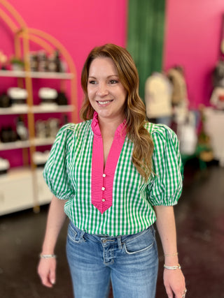Green Gingham & Pink Top