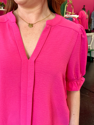 Hot Pink VNeck Puff Sleeve Top