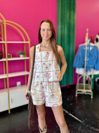 Western Vibes Cream & Red Embroidery Shorts