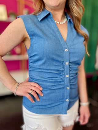 Denim Ruched Button Down Top
