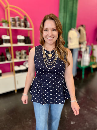 Navy & White Polka Dot Peplum Top