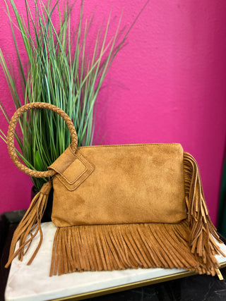 Camel Faux Suede Fringe Wristlet