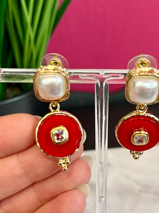 Pearl & Red Small Circle Earring