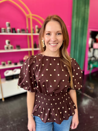 Brown & Cream Polka Dot Peplum Top