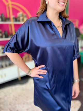 Charlotte Navy Satin Dress