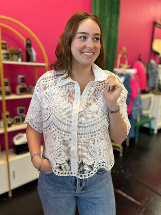 Off White Lace Button Up Top