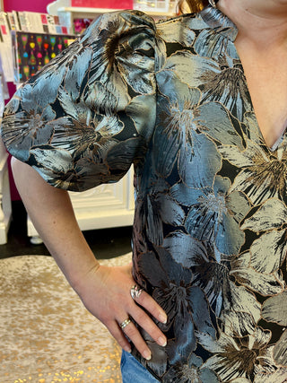 Gray & Black Metallic Puff Sleeve Top