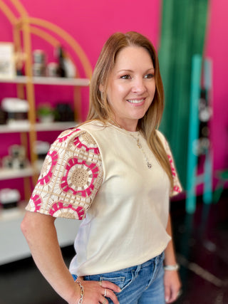 Pink, Beige, & Cream Crochet Sleeve Top